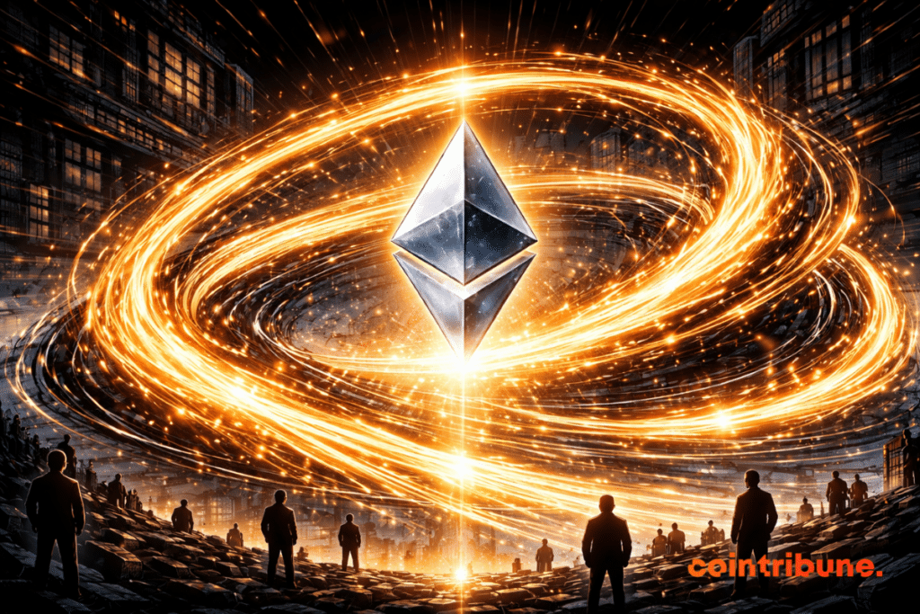 In an abstract crypto exchange setting, Ethereum floats at the center of an immense liquidity cycle in the process of being replenished. Financial flows return to it in the form of ribbons, rings, rails or light waves that revolve around the central core. The scene should evoke a clean, methodical, credible recovery, as if the market were starting to fuel Ethereum again in a new phase.