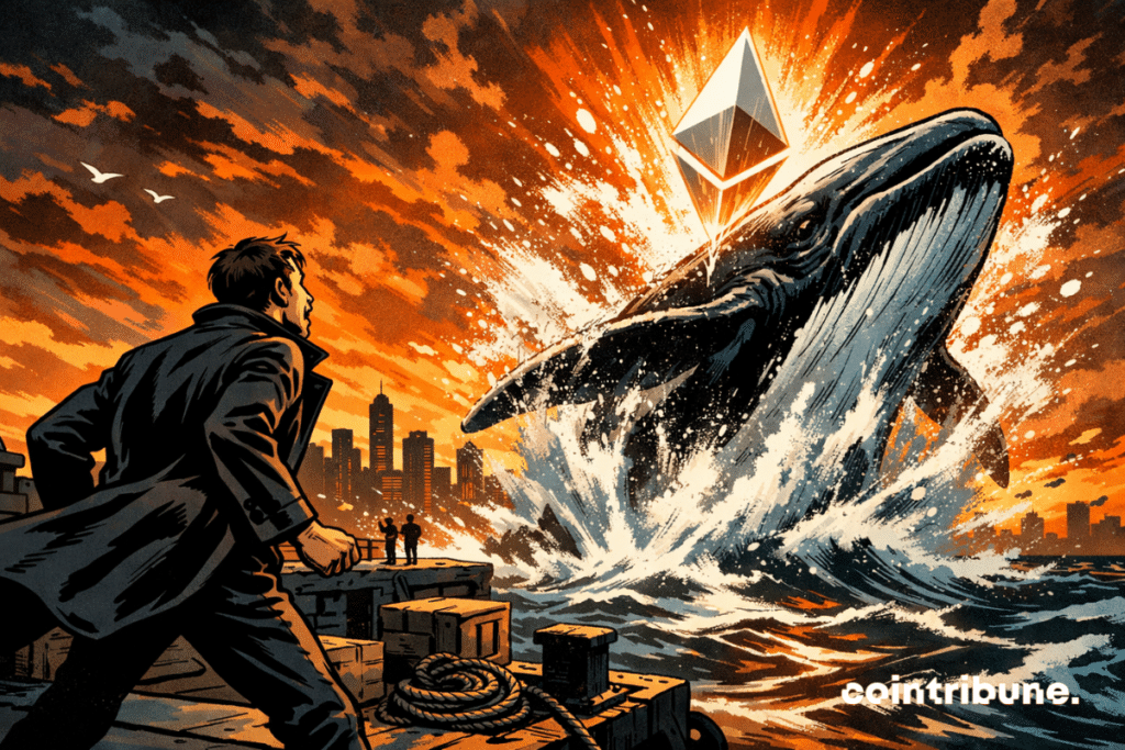 A monumental whale springs from the water, carrying the Ethereum logo in its wake, propelled upwards, with a 25 floating in the foam.