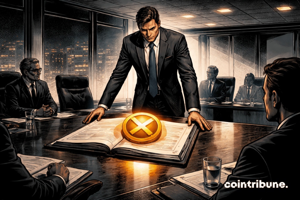 In a high-end corporate boardroom, an executive stands at the end of a long meeting table. In front of him, on the table, lies a large open file with institutional design, without any text, without numbers, without logo, without legible marking. Placed on this file, a piece inspired by the XRP universe serves as a central visual element, which symbolizes the plan for a possible listing of Evernorth.