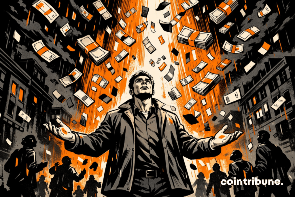 A generic creditor stands in the center, slightly forward, arms open in a gesture of reception or measured surprise. A dense shower of visual elements evokes financial restitution, which symbolizes FTX's repayment of creditors.