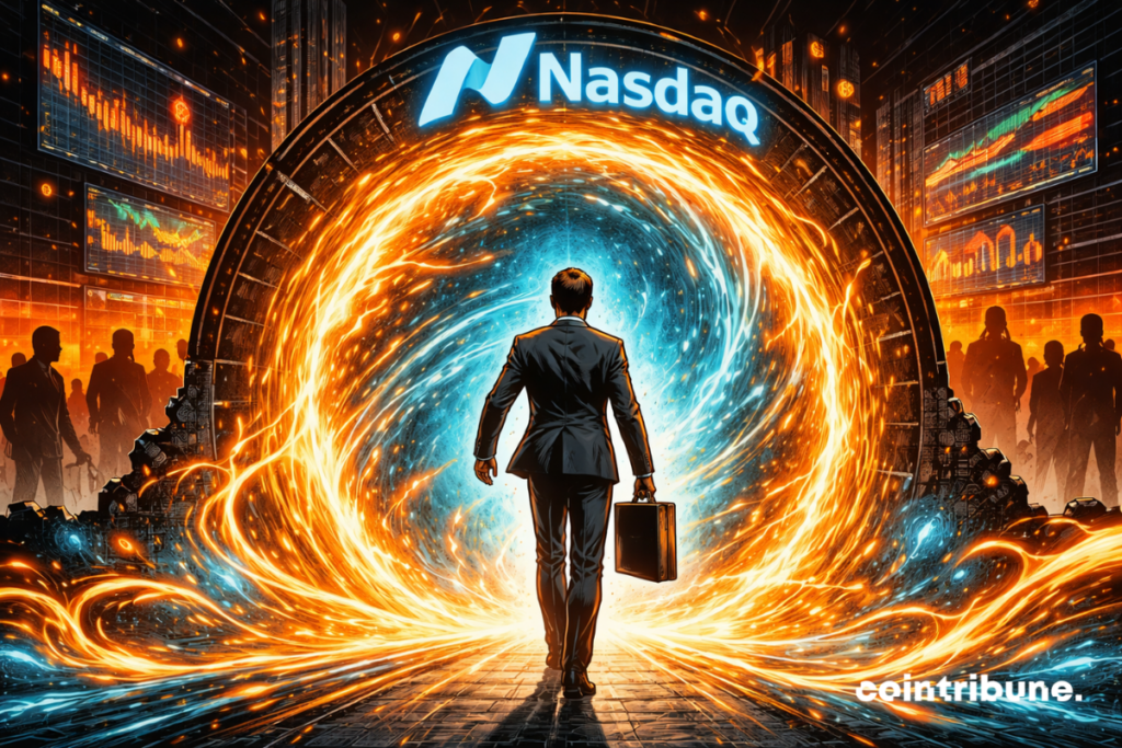A man walks toward a swirling glowing portal, while silhouettes watch, surrounded by financial screens and intense orange futuristic energy