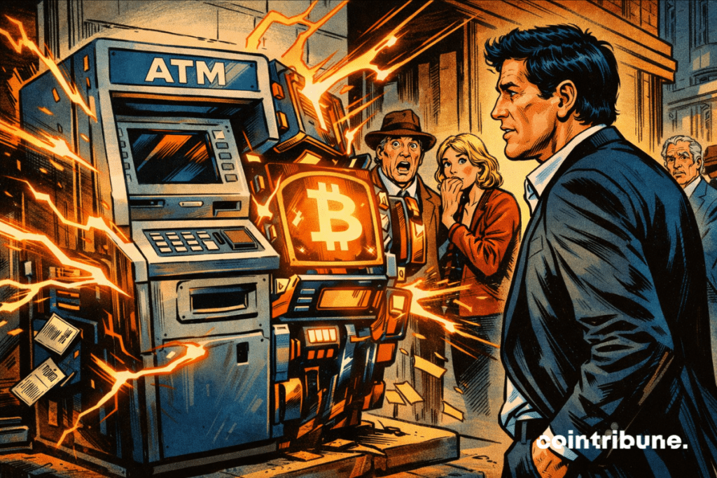 Illustration of an ATM attacked by a Bitcoin symbol, under the gaze of a man, illustrating the disruption of the banking system by crypto.
