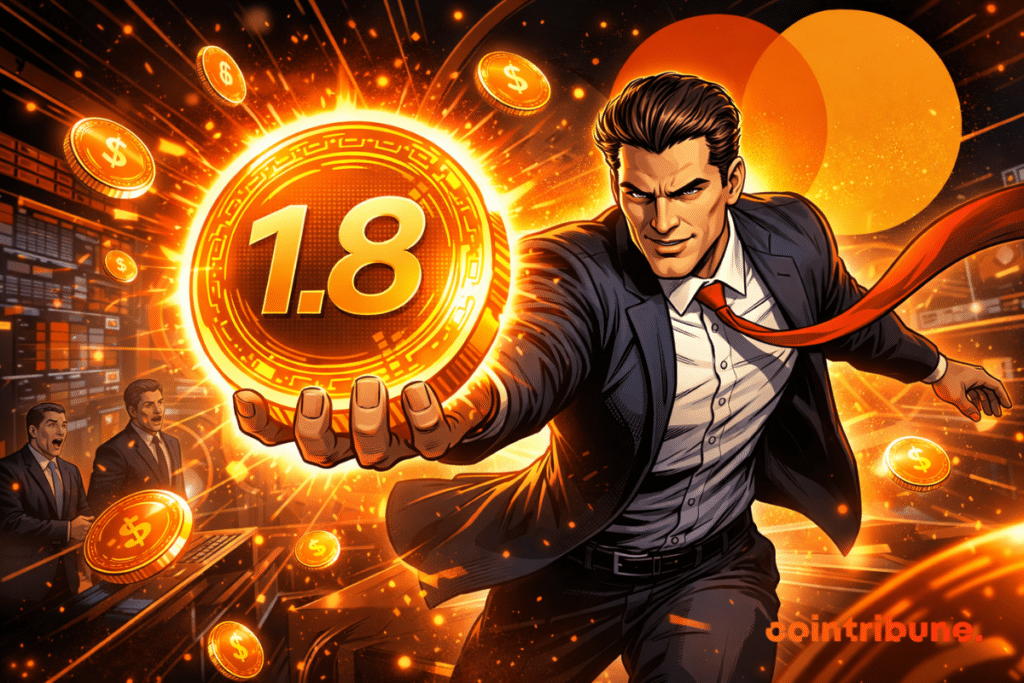 A frame grabs a giant crypto coin marked 1.8 in an orange and black comic book scene.