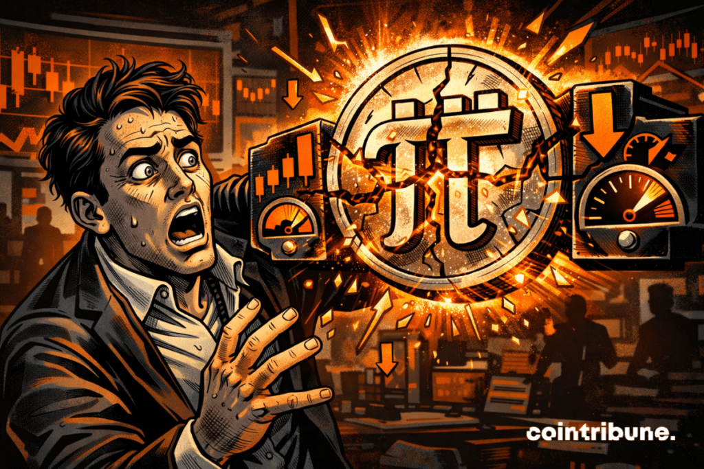 Panicked investor facing a cracked Pi Coin, crushed by bearish signals, in a dark and explosive trading room.