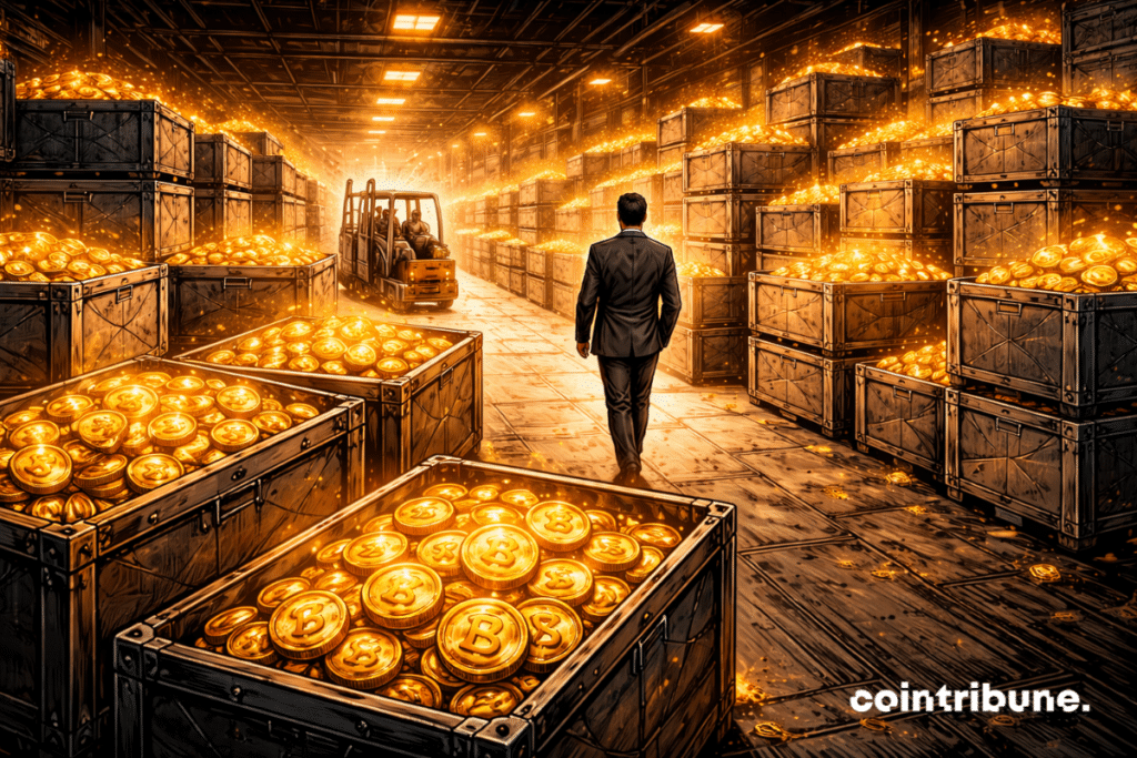 A manager walks between stacks of open crates filled with XRP tokens.