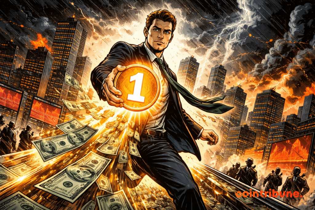 Character symbolizing the crypto Tether brandishing a coin