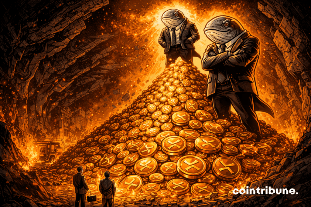 On a gigantic mountain of XRP tokens are monumental anthropomorphic whales. Small human crypto traders on the ground looking up.