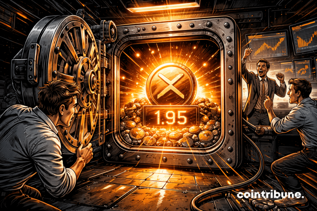 A crypto trader opens a safe. A glowing XRP crystal in front of a counter reads 1.95.