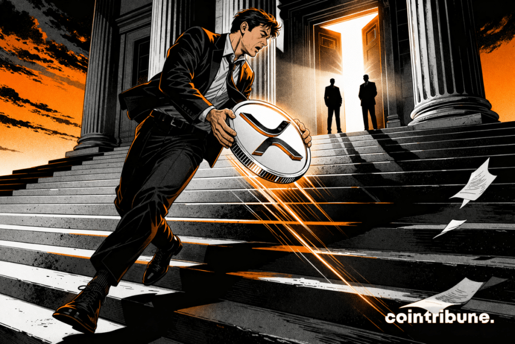In the forecourt of a large institutional building inspired by a court, an investor walks down the steps, stepping back slightly, one hand holding a metallic XRP emblem. The XRP symbol almost slips out of his hands, with a visual downward trajectory.