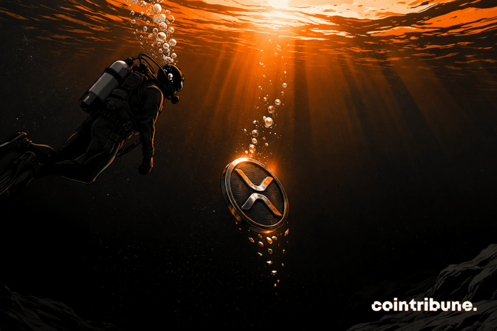 A diver observes an XRP symbol slowly sinking in water, symbolizing the fall in open interest.