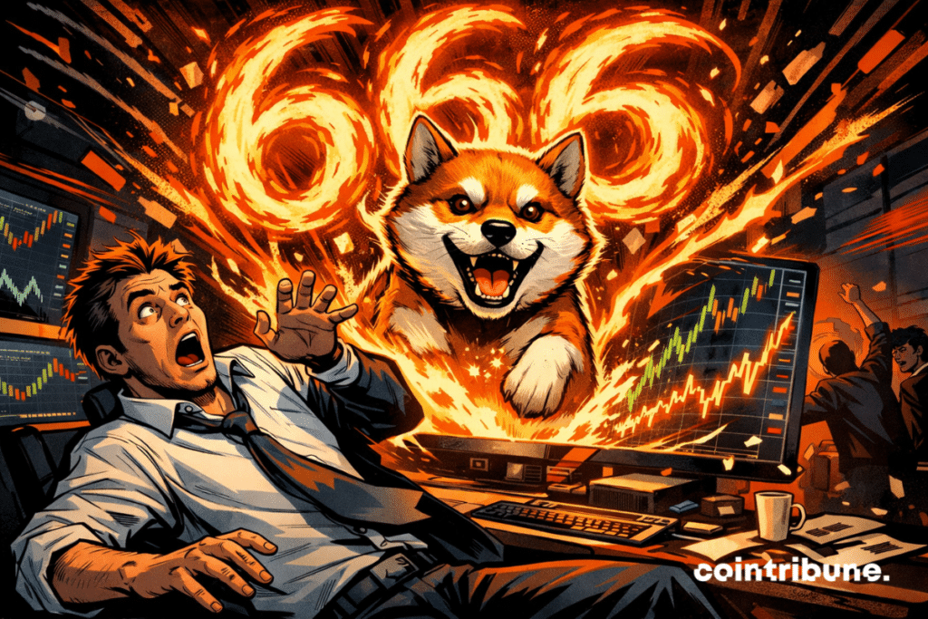 A shocked trader steps back as a giant Shiba Inu bursts from a screen, an orange vortex forming 666, spectacular financial chaos.