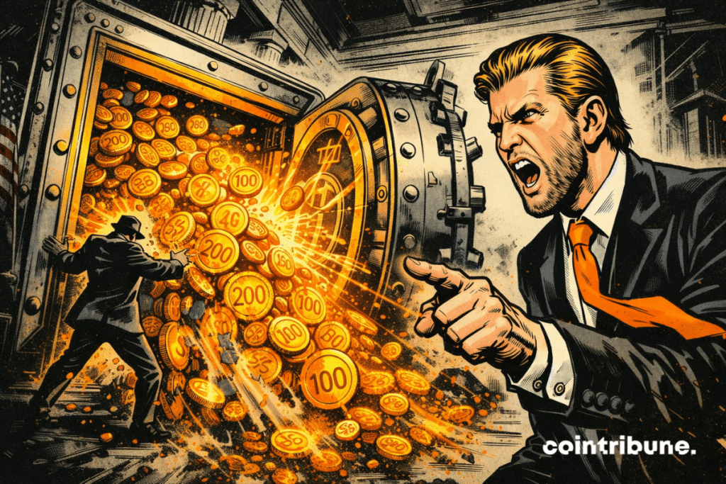 70s comic illustration: furious Eric Trump points at a bank, while an open safe releases an avalanche of orange crypto coins