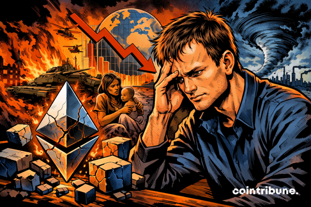Vitalik Buterin reflects in front of a cracked Ethereum, global chaos, crises, fires, tornadoes, families in distress, bright colors, 70s comics style.