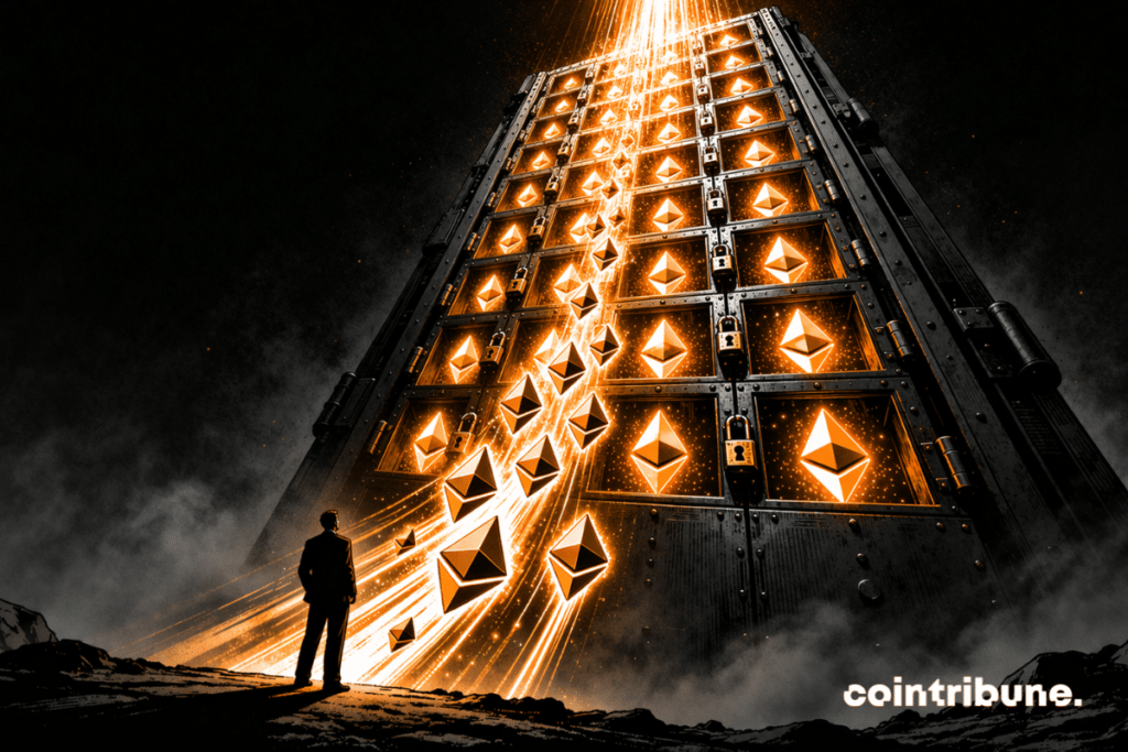 Hundreds of Ethereum symbols rise and lock into closed compartments as a trader watches, symbolizing the contraction in supply due to staking.