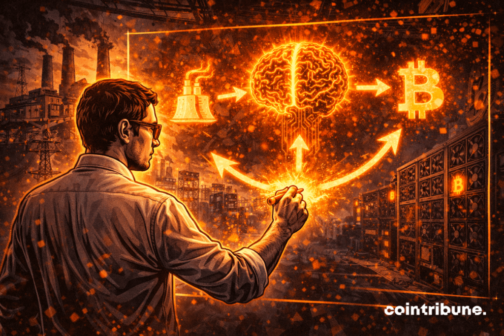Investor strategy trace connecting power plants, AI brain and Bitcoin miners, illustrating global energy alliance to fuel the explosion of artificial intelligence.