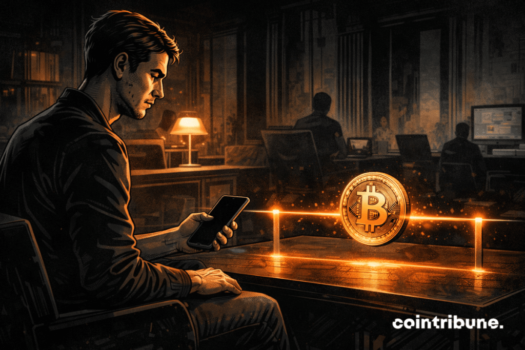 A retail investor is in a contemporary office or living room, sitting on the edge of a chair or leaning slightly toward a table. He holds a smartphone in his hand and observes a market situation with calm tension. On the table in front of him, a large stylized Bitcoin coin rests exactly between two light marks or two abstract visual terminals, suggesting a holding zone. Behind him or on the wall, a heavy institutional shadow is projected, evoking the macroeconomic and monetary pressure of the Fed which prevents Bitcoin from clearly leaving this zone.