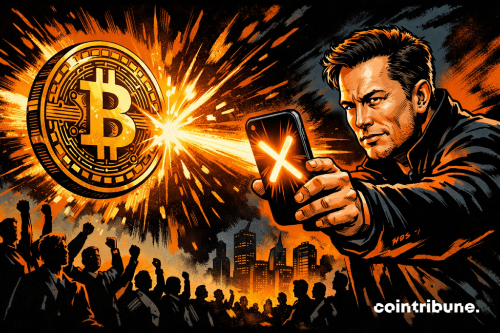 70s comics style illustration: Elon Musk projects a luminous X symbol confronting a Bitcoin coin, a divided crowd observing this technological duel.