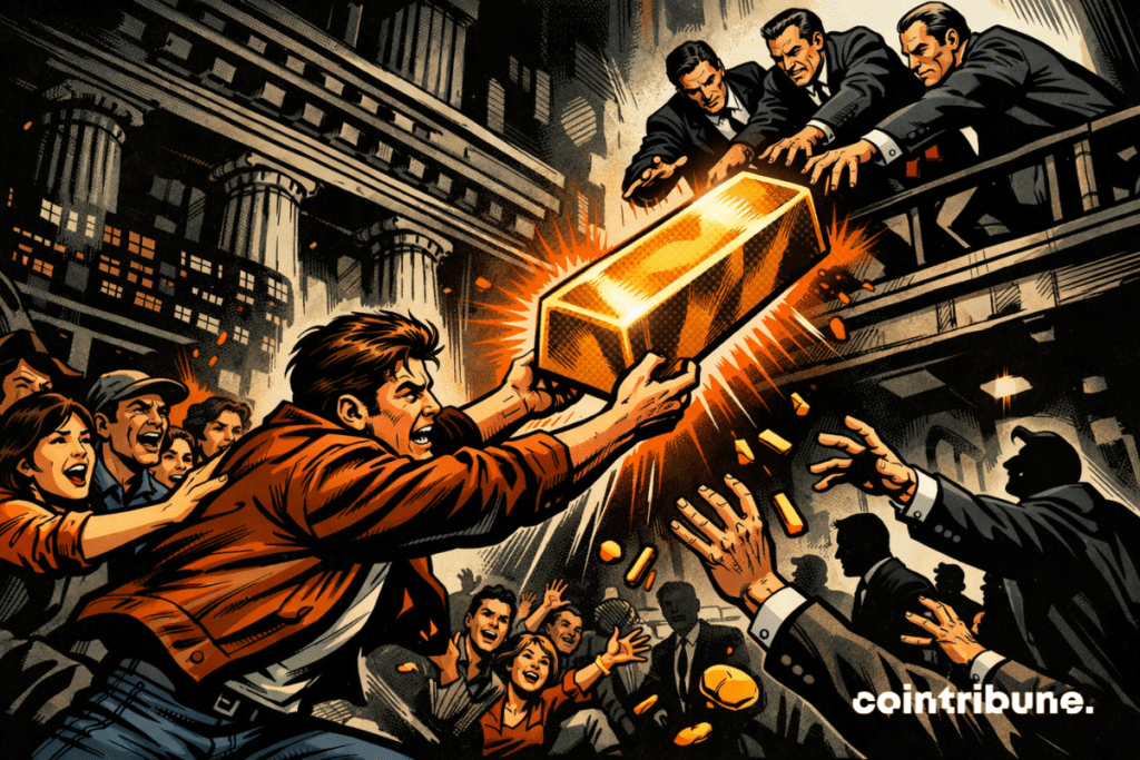 An individual catches a gold bar thrown by traders