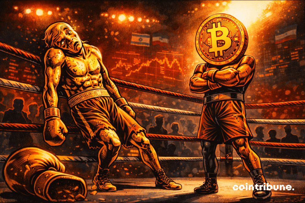 A golden boxer staggers, exhausted against the ropes, while an impassive Bitcoin opponent watches, silently dominating the ongoing global financial fight