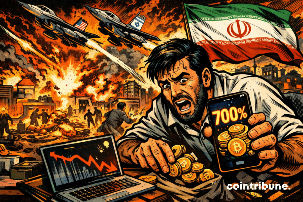 Illustration of a panicked man handling bitcoin as airstrikes and explosions rock a city, symbolizing the 700% rise in cryptocurrency withdrawals in Iran