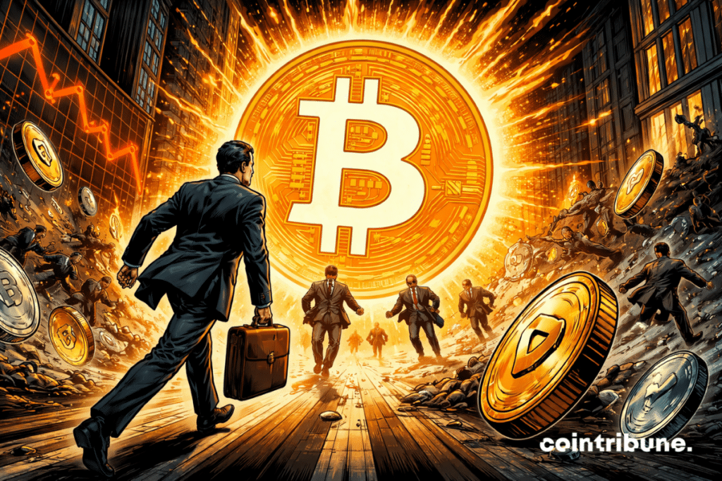 Investors in suits run toward a giant glowing Bitcoin while altcoins fall and scatter in financial chaos.