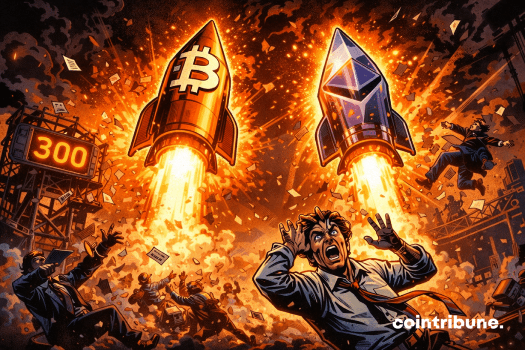 Two Bitcoin and Ethereum rockets take off while traders panic.