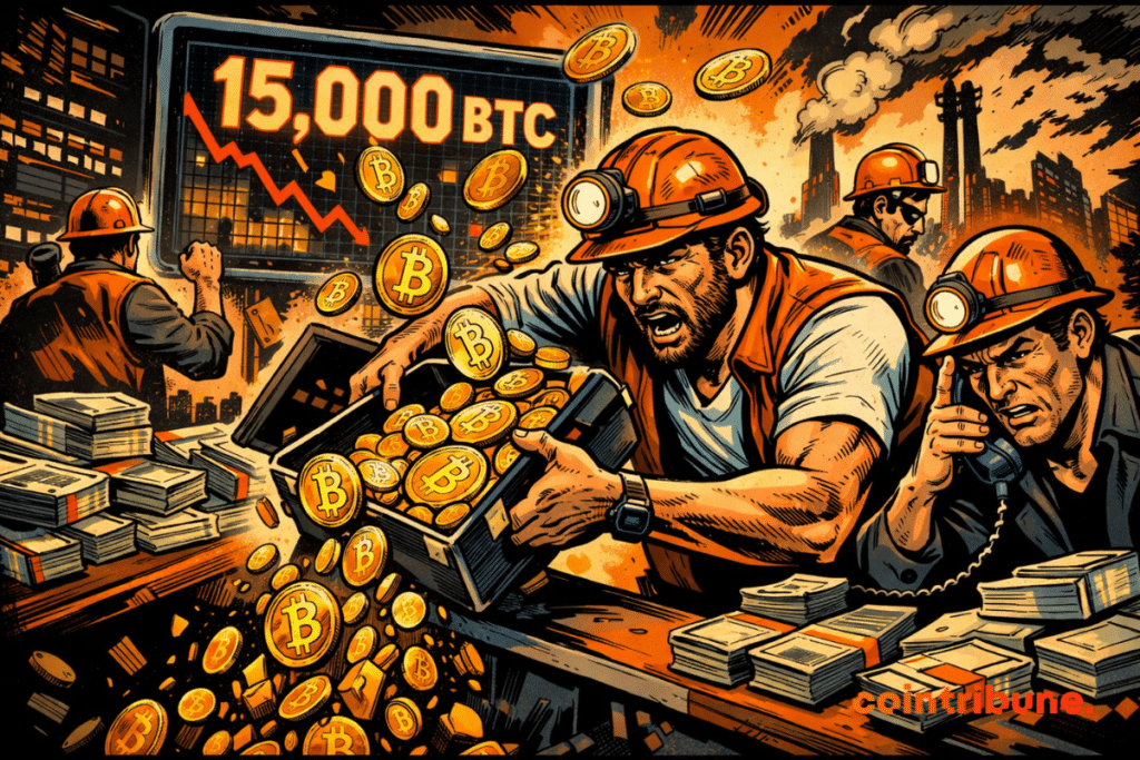 Bitcoin miners liquidating thousands of BTC amid a market plunge, illustrating the financial pressure that is pushing miners to sell their reserves to maintain operations.