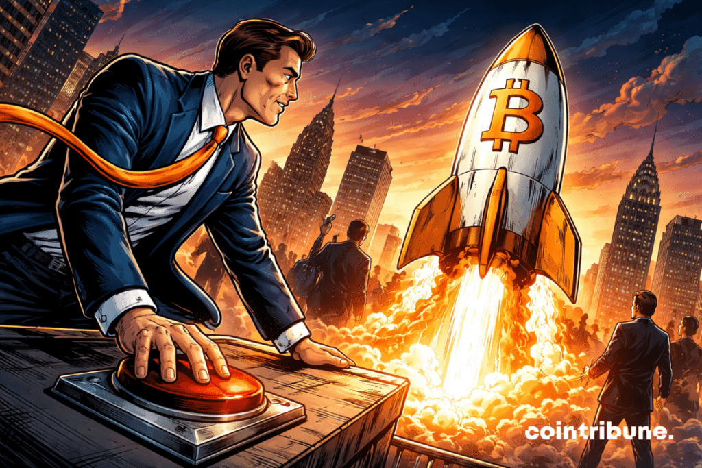 Determined banker launches Bitcoin rocket from New York, symbolizing the explosive takeoff of crypto ETFs and the start of a new financial era