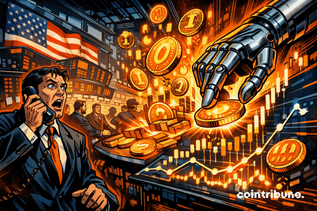 Comic style illustration representing the tokenization of markets with crypto coins and financial charts on Wall Street, symbolizing the partnership between Nasdaq and Payward to connect traditional finance and blockchain.
