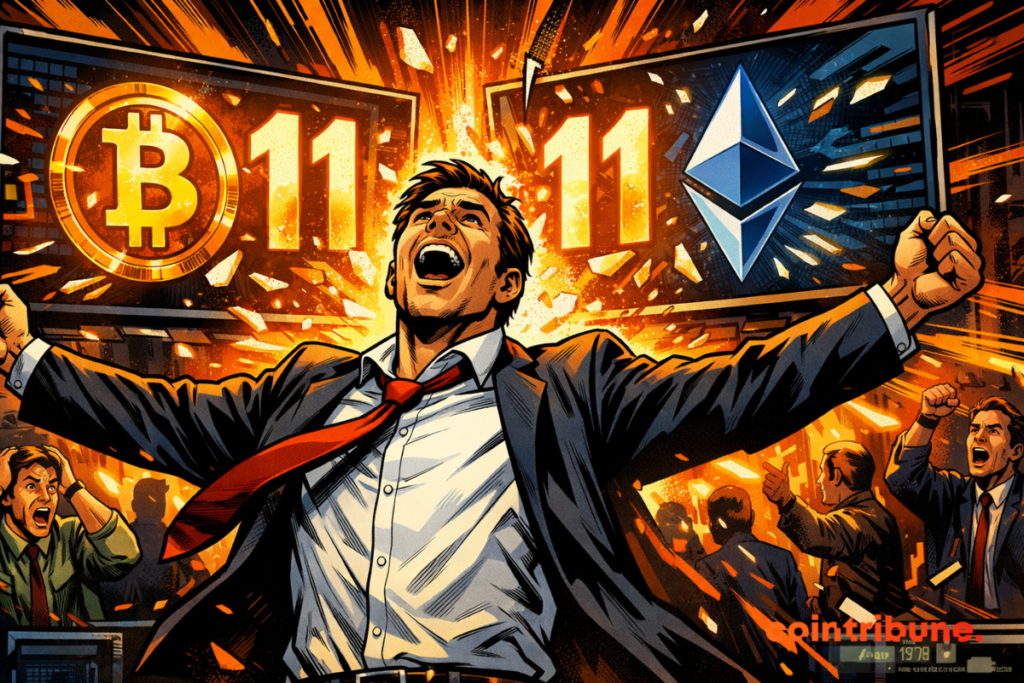 Euphoric trader explodes with joy in front of Bitcoin and Ethereum screens, gushing orange energy, intense financial chaos, dynamic 70s comics style scene