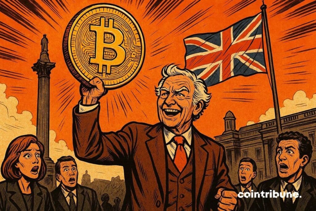 Nigel Farage proudly displayed with a large bitcoin coin.