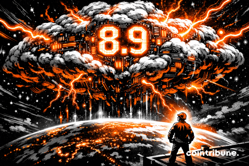 Futuristic illustration depicting Oracle's cloud at $8.9 billion, a symbol of strong growth in cloud revenue and digital infrastructure.