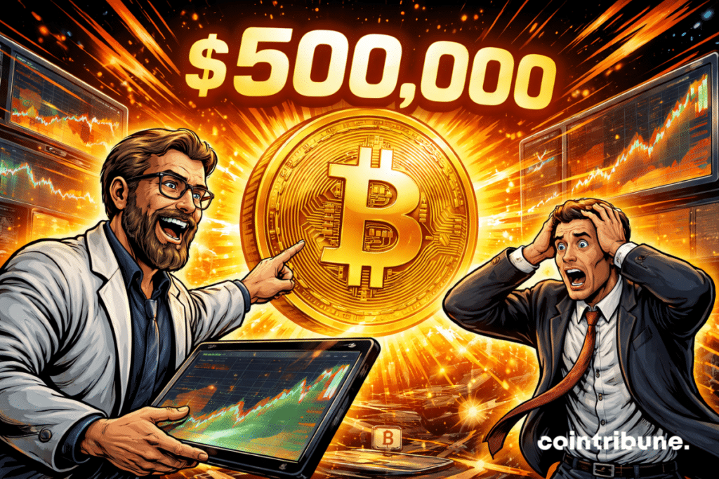 Comic-style illustration showing a large Bitcoin coin surrounded by bullish charts, with the projection of a Bitcoin price of $500,000 suggested by PlanB's Stock-to-Flow model.