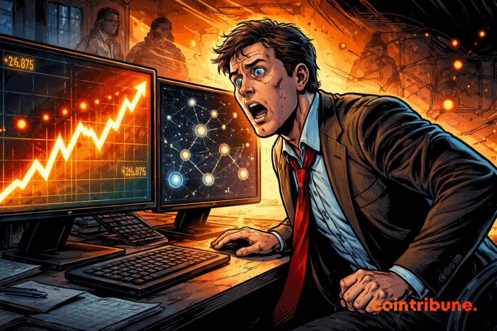 Panicked Polkadot crypto trader watches explosive market rises as chaotic environment suggests tension, urgency and extreme volatility