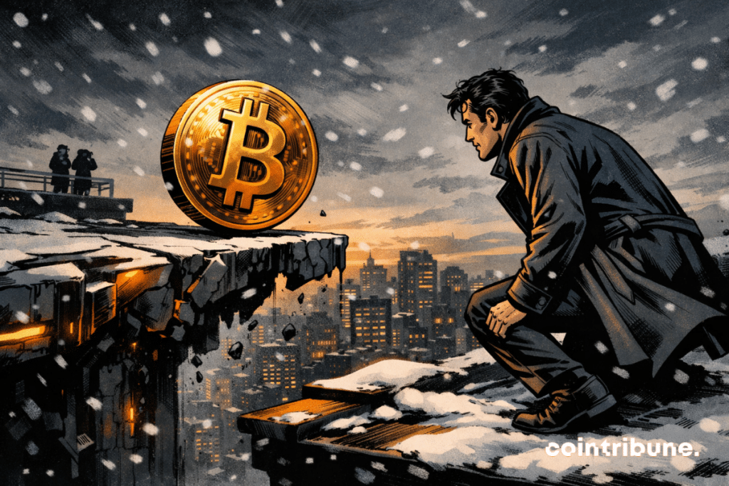 On the snow-covered roof of a building at dusk, a financial analyst carefully observes a complex situation. In front of him, suspended above the void, a large piece inspired by the Bitcoin universe floats or tilts slightly near a fractured light structure. This structure should evoke an important threshold or visual cue, which symbolizes the predictions of Polymarket and Kalshi.