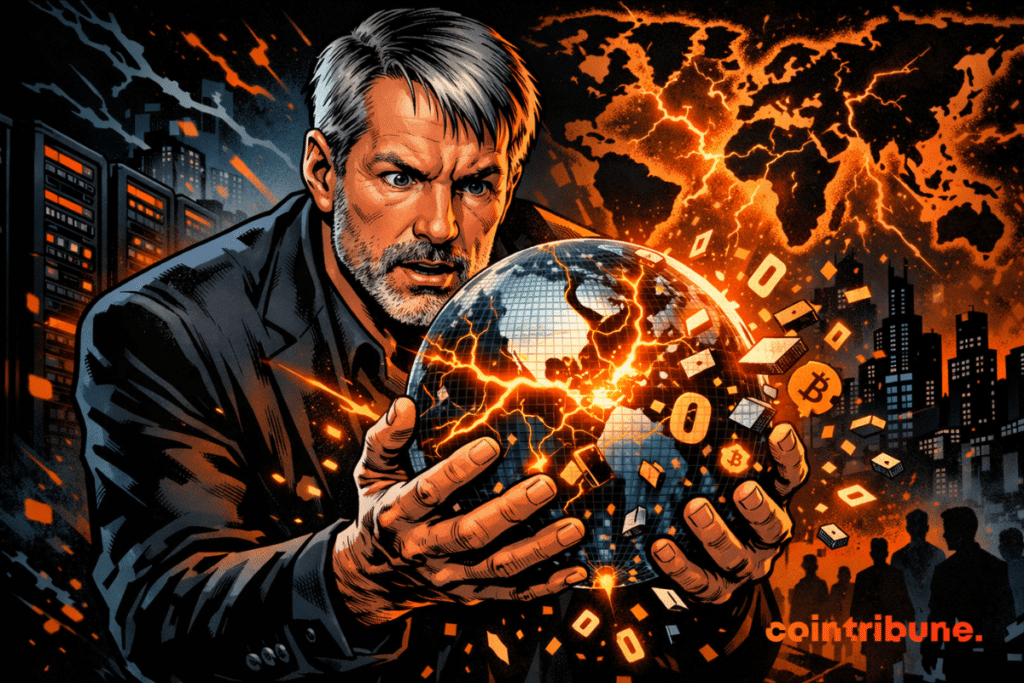Illustration of Michael Saylor holding a cracked digital globe, symbolizing the threat of quantum computing to Bitcoin and the world's digital infrastructure.