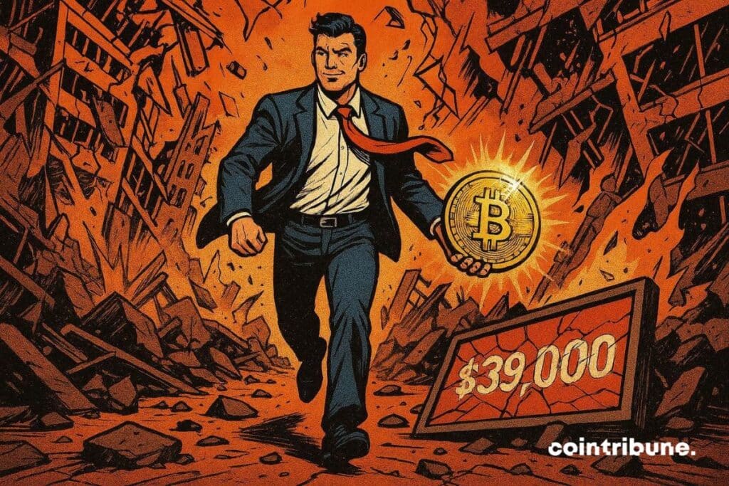 US debt is exploding and an investor walks confidently with bitcoin in hand.
