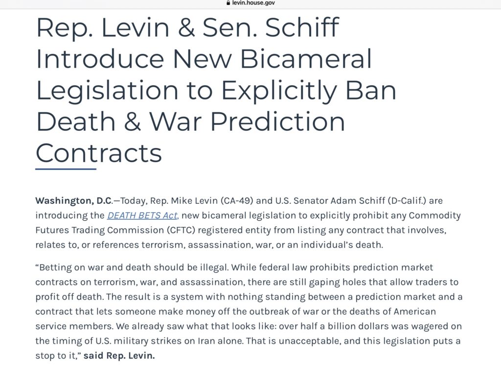 American Democrats Mike Levin and Adam Schiff presented a bill to regulate prediction markets. Called the “Death Bets Act”, this text aims to prohibit betting on sensitive events such as wars, assassinations or terrorist attacks.