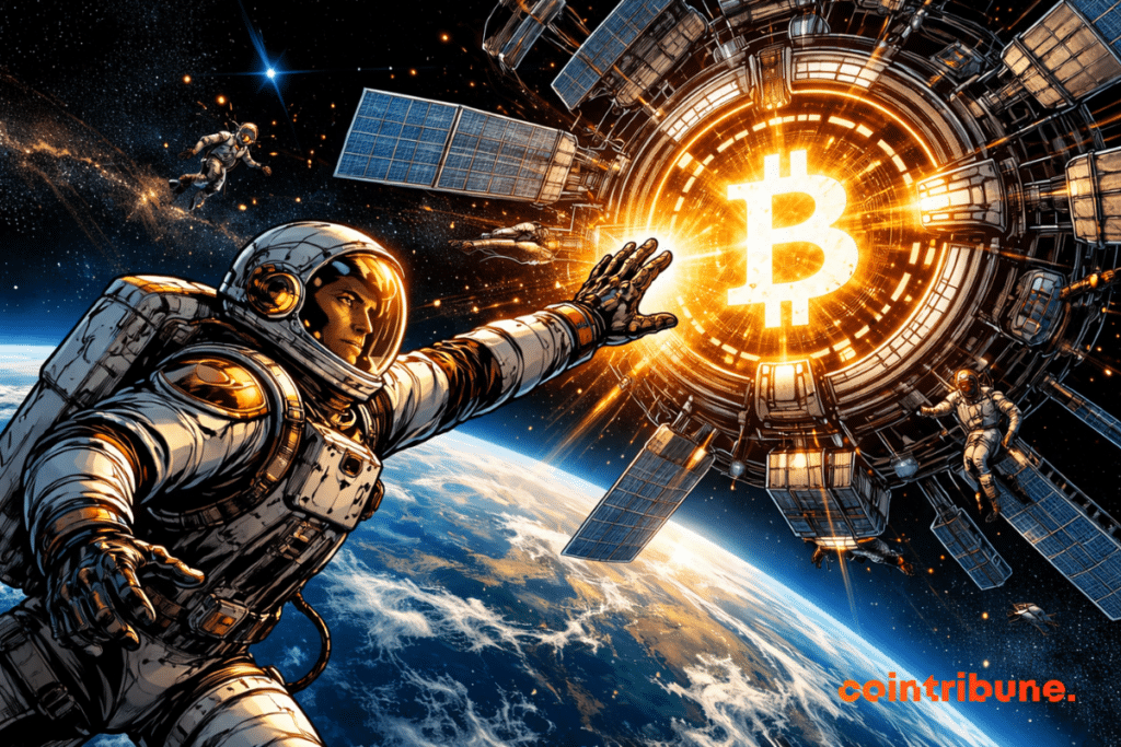 Astronaut facing a Bitcoin space station orbiting Earth.