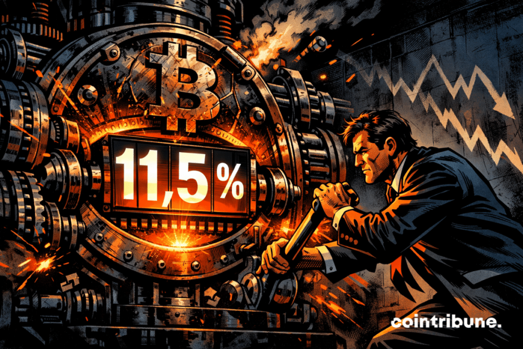An executive forces a Bitcoin machine showing a glowing 11.5%
