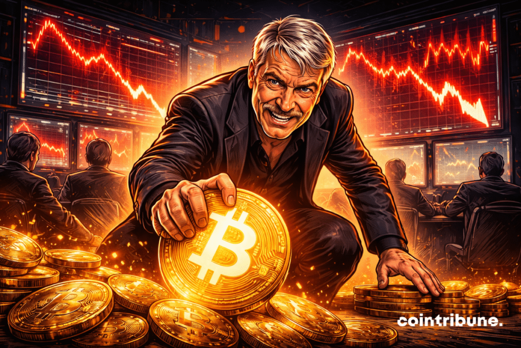 Michael Saylor grabs a glowing Bitcoin while the screens behind show a falling market, determined to buy despite the decline.