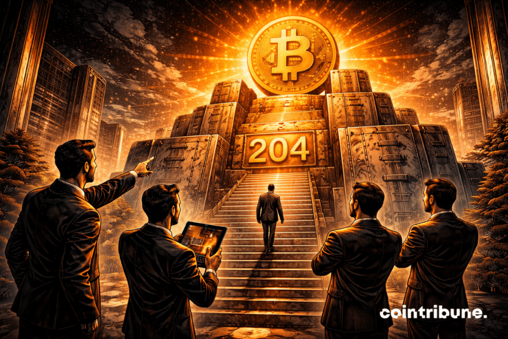 An immense metal fortress is made up of massive industrial blocks, some of which subtly take the shape of the Bitcoin symbol integrated into the architecture. At the main entrance, above a wide monumental staircase, a recessed metal plaque displays the number 204, engraved deep into the material.