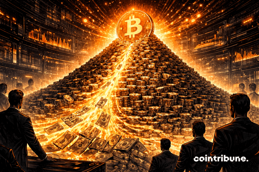 A huge Bitcoin coin sits atop an accumulation structure, fed from below by a torrent of capital. A ramp or buy column propels new currency blocks towards an already gigantic reserve.