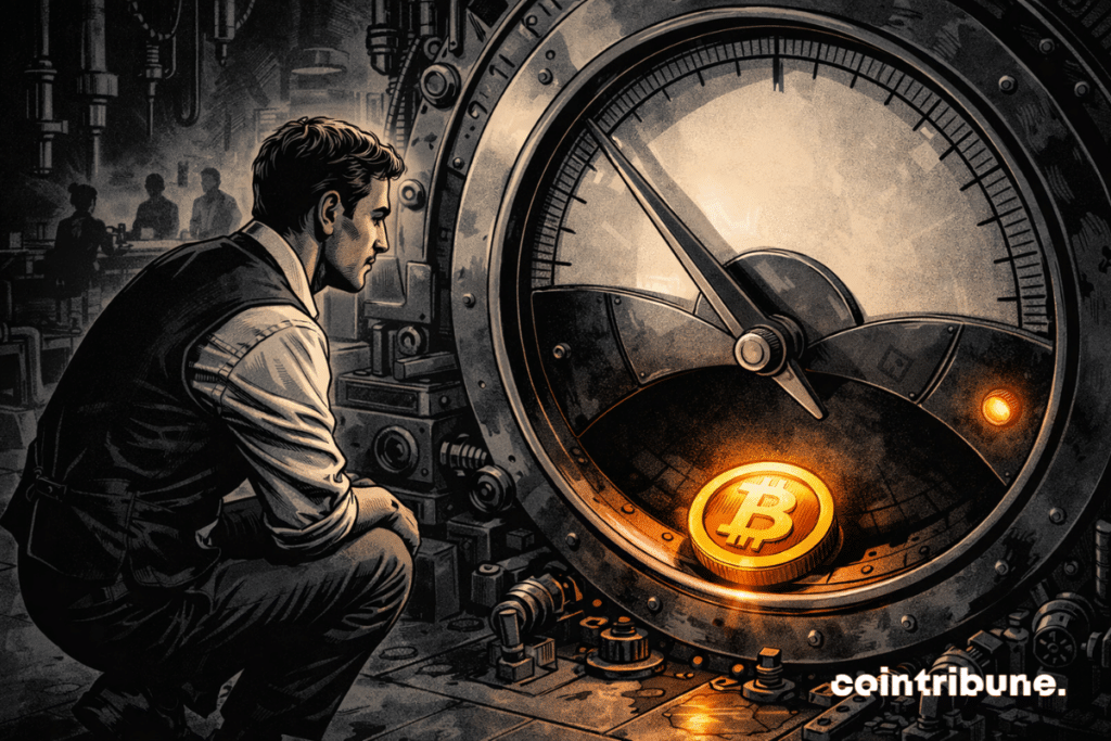 In a mechanical workshop reinvented as a financial laboratory, a technician-analyst occupies the central area of the image. He is crouching or kneeling in front of a huge abstract industrial dial, integrated into a complex machine. The central element is an enormous circular mechanism evoking a market indicator without ever displaying any text, numbers or legible markers. A large descending metal hand touches its lowest position on the dial. At the lowest point of the mechanism rests a coin inspired by the Bitcoin universe. It can emit a slight orange glow or reflect a discreet warm light, to attract the eye without breaking the neutrality.