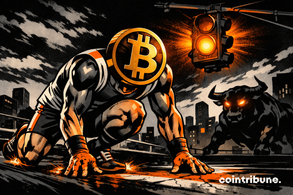 Bitcoin personified ready to sprint under an orange light,