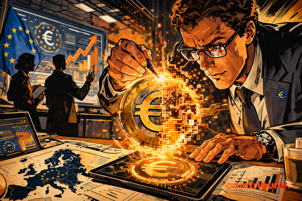Illustration of the ECB developing the digital euro, with an expert manipulating a digital euro symbol surrounded by financial data and graphs.