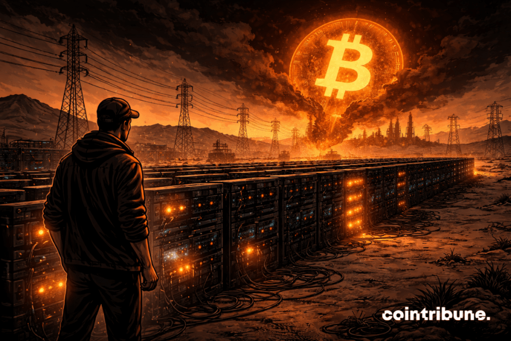On a mining farm in the middle of the desert, a long row of glowing rigs or servers gradually goes out, while a large Bitcoin above loses intensity, symbolizing the weakness of the Hashrate.