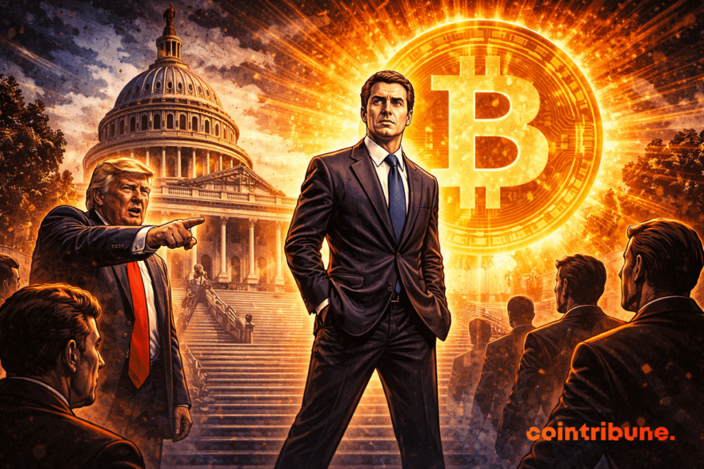 Kevin Warsh stands in front of the Capitol, Trump points towards him, huge glowing Bitcoin behind, senators observe historic monetary decision.