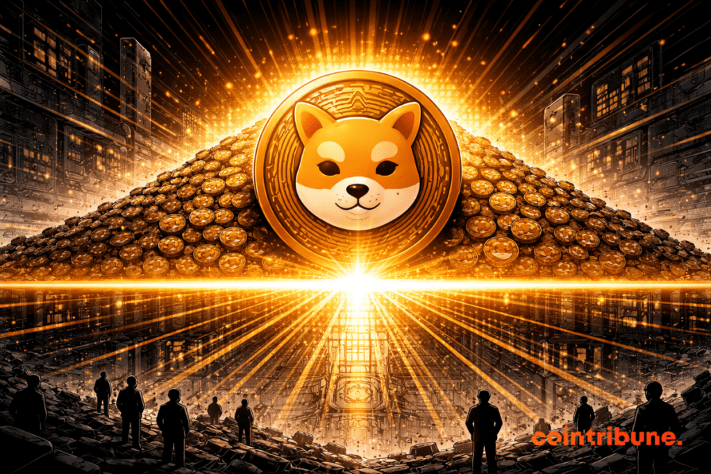In an abstract crypto exchange setting, a large Shiba Inu coin advances towards a huge luminous critical line. Behind it, a gigantic mass of tokens or monetary volumes accumulates like a compact tide, visually pushing the whole towards this threshold.