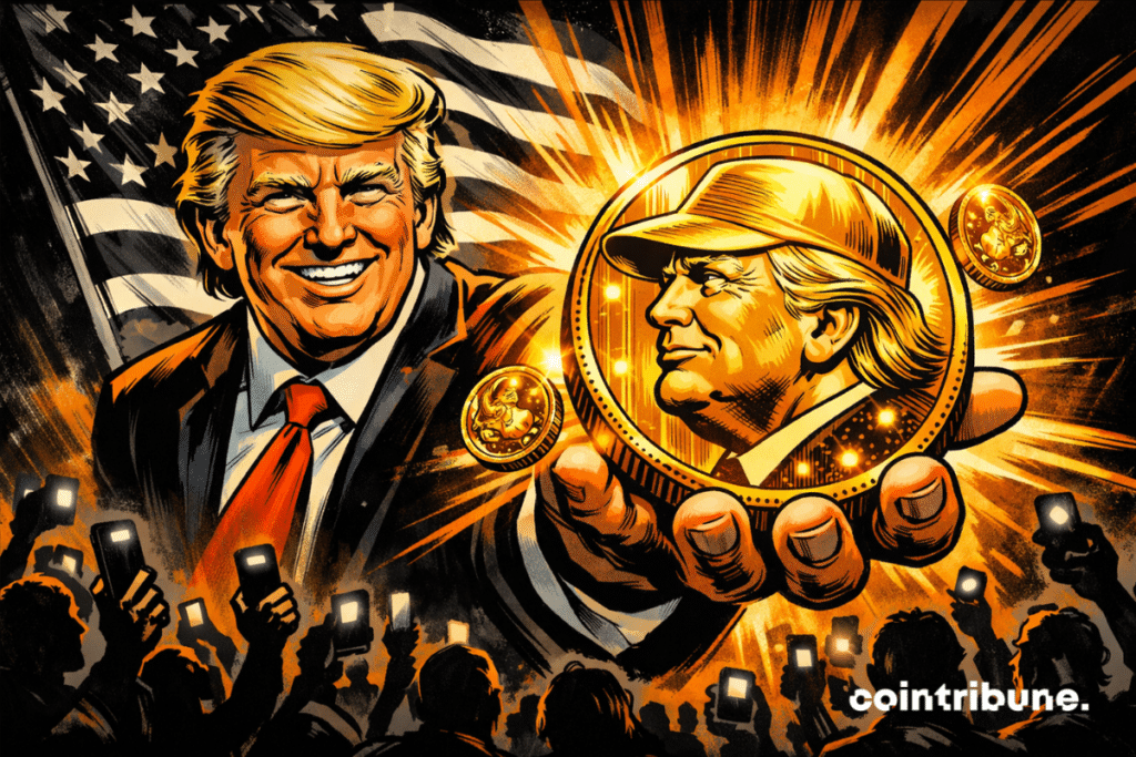 Illustration showing Donald Trump holding a gold coin representing the $TRUMP memecoin, in front of an American flag and a crowd holding smartphones.
